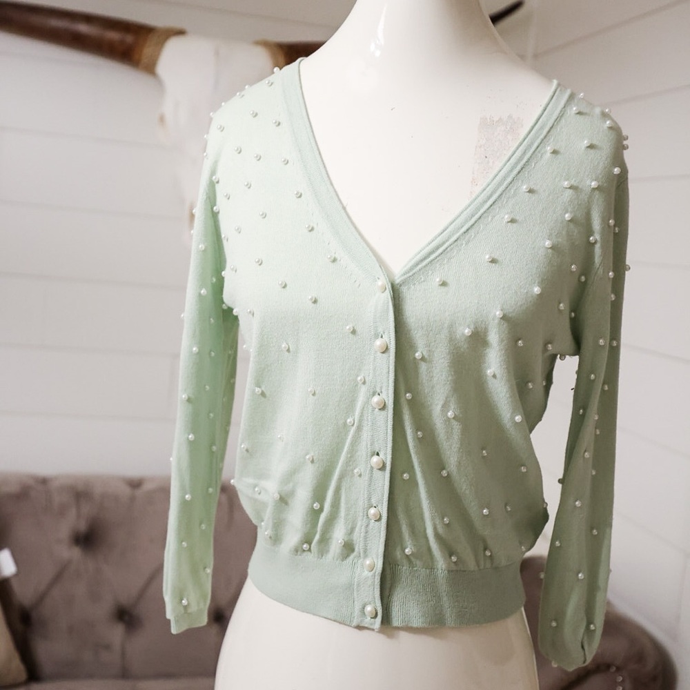 Jenny Yoo Adorable soft green sweater with pearls